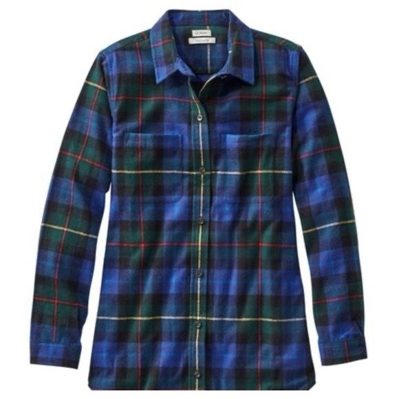 LL Bean Colorful Scotch Plaid Long Sleeve‎ Flannel Button Up Tunic Shirt MEDIUM - Picture 1 of 12